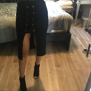 Black Lace Up Slit Skirt